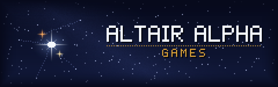 Altair Alpha Games: a pixel-art wordmark beside the star Altair and its two companion stars.