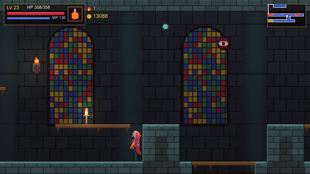 The Drowned Chapel: tall stained-glass windows above green stone.