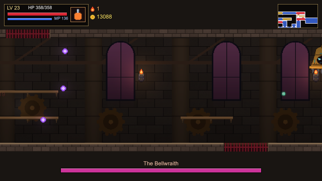 The Bellwraith boss fight among wooden beams and gears.