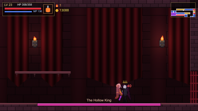 The Hollow King, crowned, facing the Vigilant before red curtains.