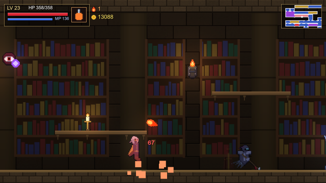 The Royal Archive: tall bookshelves, candles and a hooded enemy.