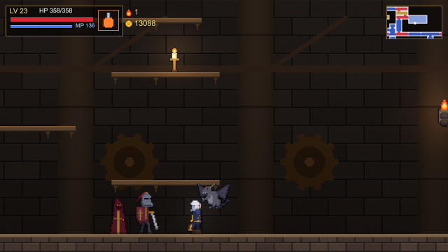 The Bell Spire: wooden ledges and gears, with knights and a gargoyle.